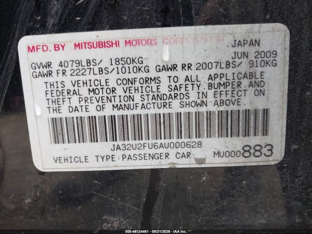 2010 Mitsubishi Lancer Es მანქანა იყიდება აუქციონზე, vin: JA32U2FU6AU000628, აუქციონის ნომერი: 46134461