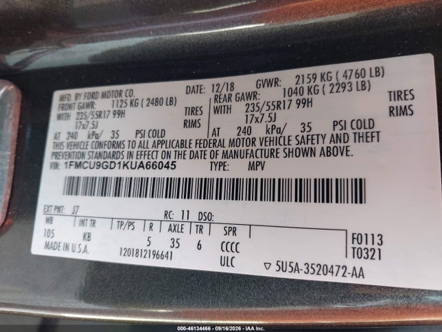 Aukcja sprzedaży 2019 Ford Escape Se, vin: 1FMCU9GD1KUA66045, numer aukcji: 46134466