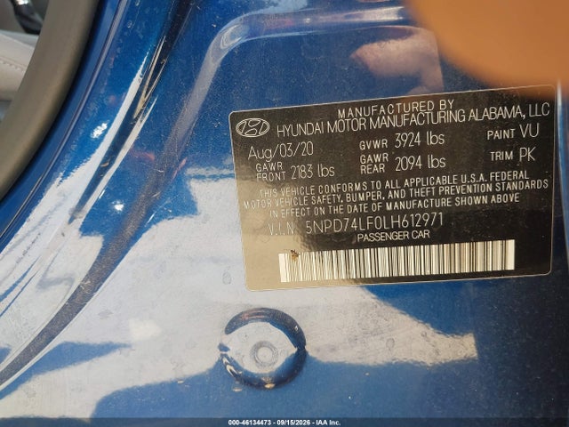 46134473 :رقم المزاد ، 5NPD74LF0LH612971 vin ، 2020 Hyundai Elantra Se مزاد بيع