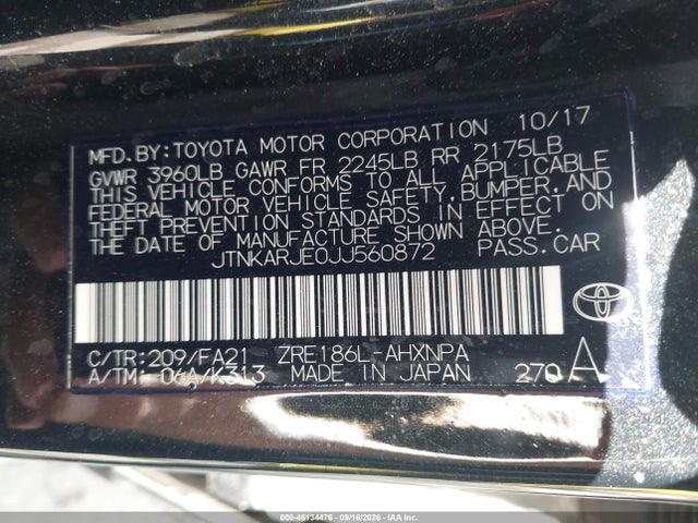 2018 Toyota Corolla Im მანქანა იყიდება აუქციონზე, vin: JTNKARJE0JJ560872, აუქციონის ნომერი: 46134476
