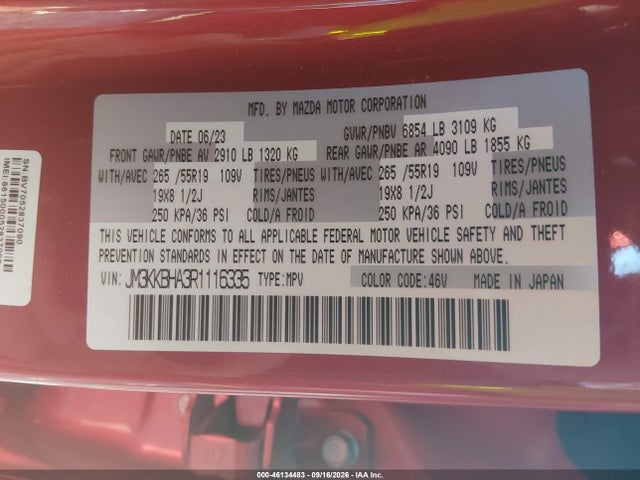 46134483 :رقم المزاد ، JM3KKBHA3R1116335 vin ، 2024 Mazda Cx-90 Phev Preferred مزاد بيع