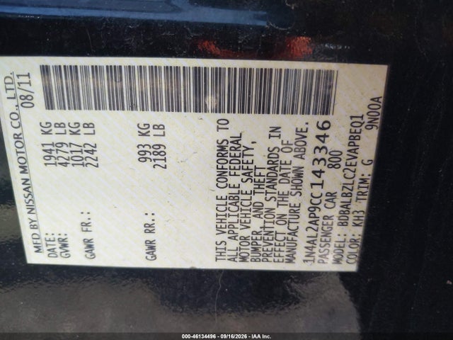 Auction sale of the 2012 Nissan Altima 2.5 S, vin: 1N4AL2AP9CC143346, lot number: 46134496
