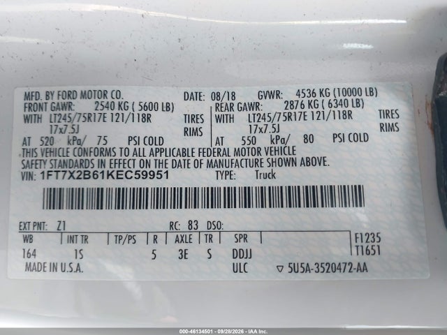 Продаж на аукціоні авто 2019 Ford F-250 Xl, vin: 1FT7X2B61KEC59951, номер лоту: 46134501