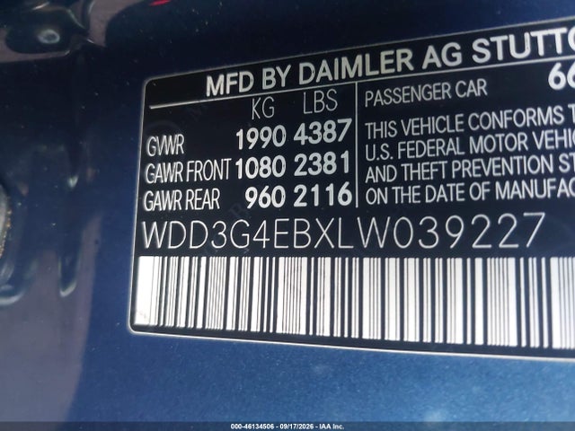 46134506 :رقم المزاد ، WDD3G4EBXLW039227 vin ، 2020 Mercedes-benz A 220 مزاد بيع