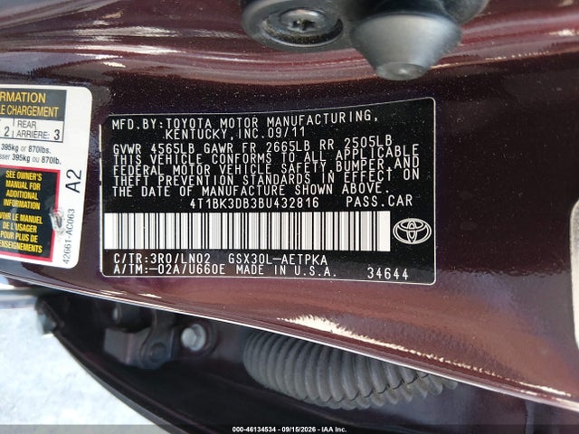 46134534 :رقم المزاد ، 4T1BK3DB3BU432816 vin ، 2011 Toyota Avalon Limited مزاد بيع