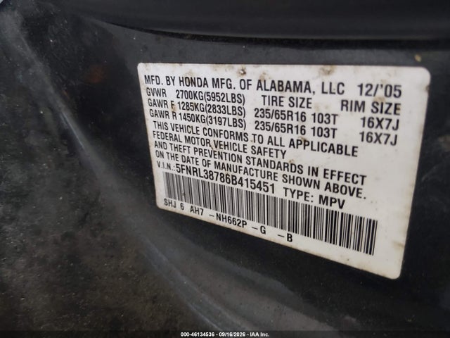 Продаж на аукціоні авто 2006 Honda Odyssey Ex-l, vin: 5FNRL38786B415451, номер лоту: 46134536