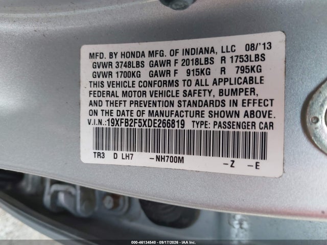 46134540 :رقم المزاد ، 19XFB2F5XDE266819 vin ، 2013 Honda Civic Lx مزاد بيع