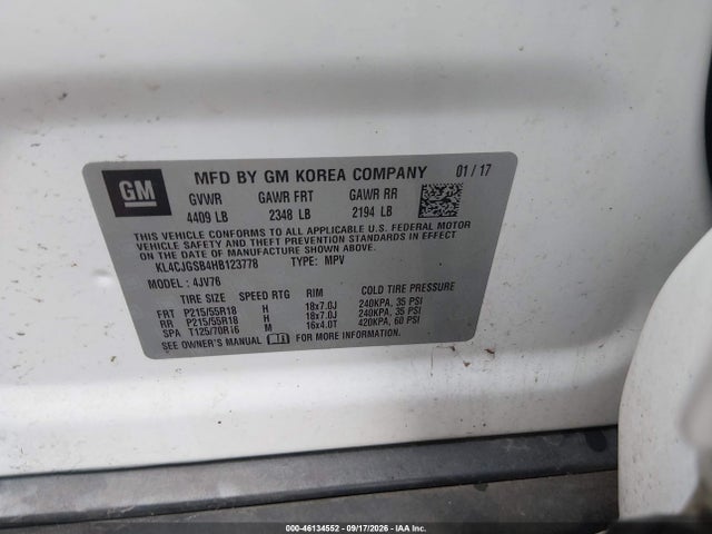 Aukcja sprzedaży 2017 Buick Encore Essence, vin: KL4CJGSB4HB123778, numer aukcji: 46134552