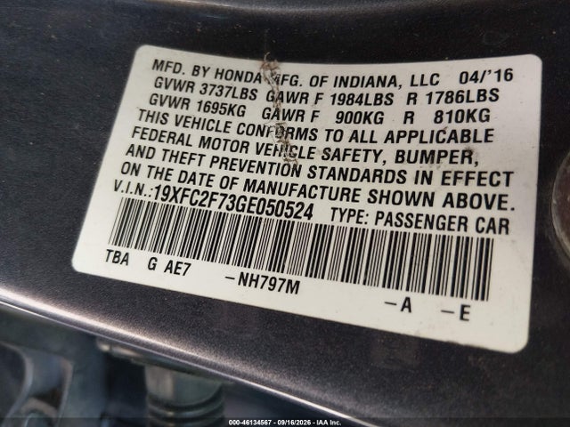 Auction sale of the 2016 Honda Civic Ex, vin: 19XFC2F73GE050524, lot number: 46134567