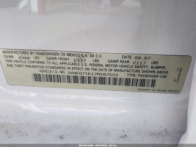 Продажа на аукционе авто 2007 Volkswagen Jetta Wolfsburg Edition, vin: 3VWEG71K17M187523, номер лота: 46134586
