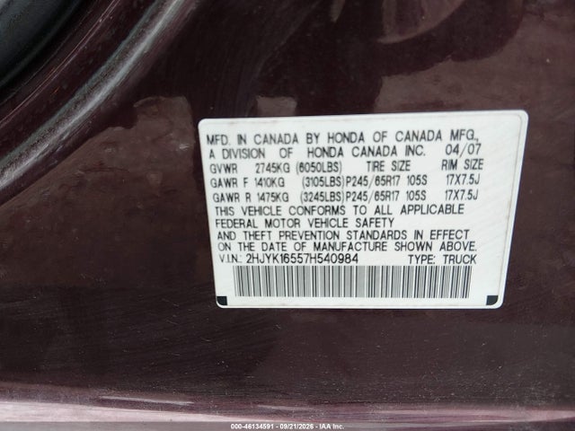 Auction sale of the 2007 Honda Ridgeline Rtl, vin: 2HJYK16557H540984, lot number: 46134591