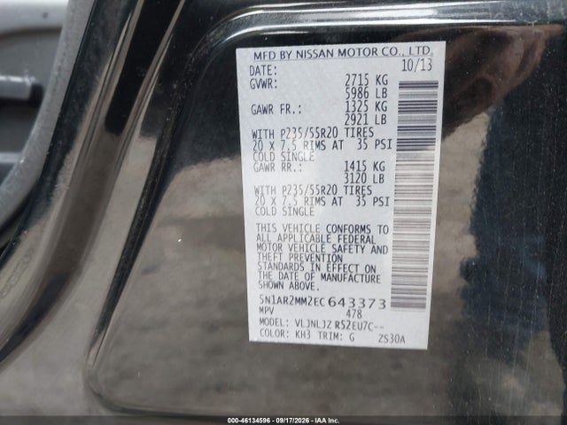 5N1AR2MM2EC643373 Nissan Pathfinder Platinum