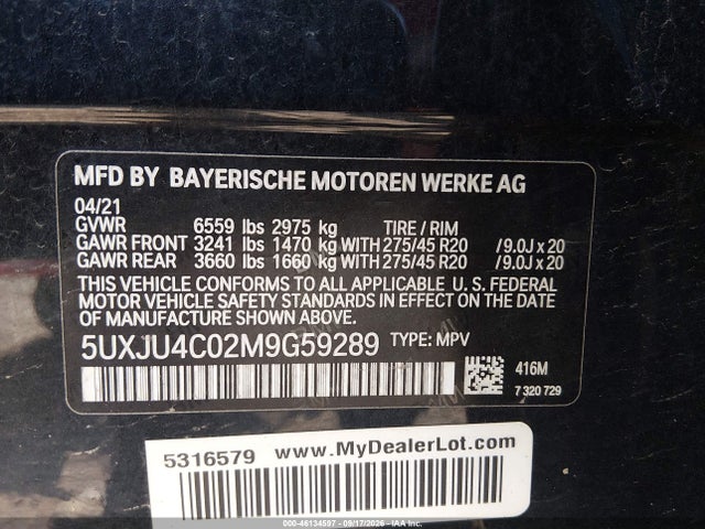 46134597 :رقم المزاد ، 5UXJU4C02M9G59289 vin ، 2021 Bmw X5 M50i مزاد بيع