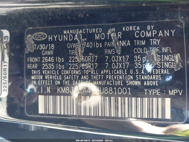 Продажа на аукционе авто 2019 Hyundai Tucson Se, vin: KM8J2CA49KU881001, номер лота: 46134613