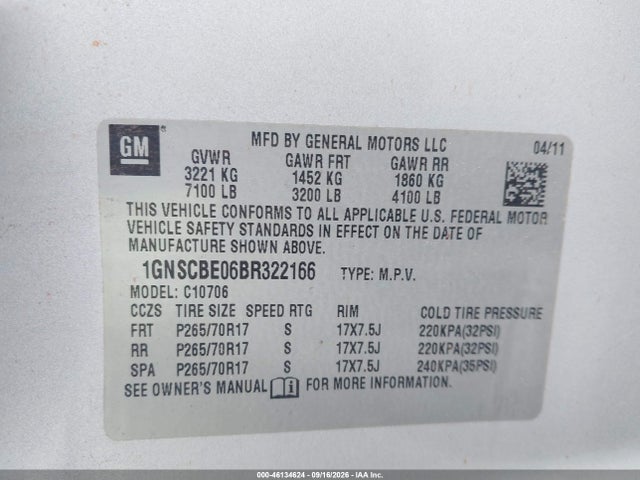 2011 Chevrolet Tahoe Lt მანქანა იყიდება აუქციონზე, vin: 1GNSCBE06BR322166, აუქციონის ნომერი: 46134624