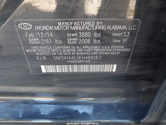 2014 Hyundai Elantra Limited მანქანა იყიდება აუქციონზე, vin: 5NPDH4AE0EH489263, აუქციონის ნომერი: 46134634