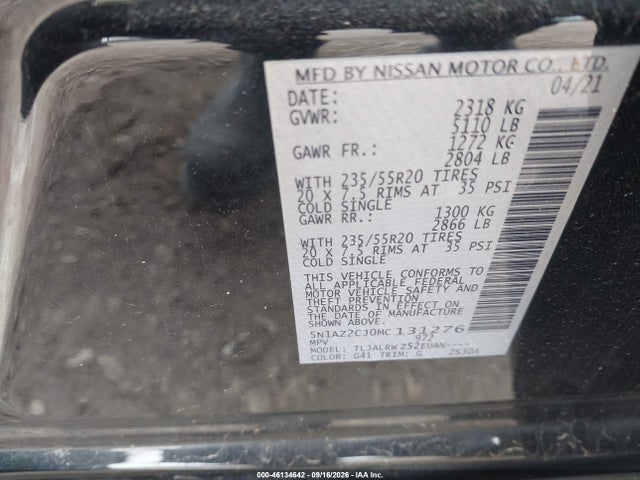 46134642 :رقم المزاد ، 5N1AZ2CJ0MC131276 vin ، 2021 Nissan Murano Sl Fwd مزاد بيع