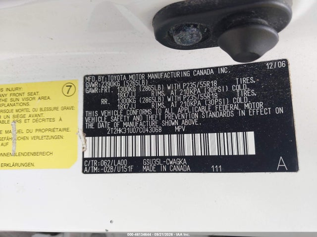 Aukcja sprzedaży 2007 Lexus Rx 350, vin: 2T2HK31U07C043068, numer aukcji: 46134644