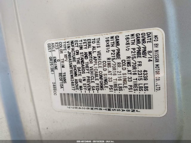 Aukcja sprzedaży 2014 Nissan Rogue Select S, vin: JN8AS5MT6EW624877, numer aukcji: 46134646