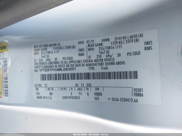 Aukcja sprzedaży 2021 Ford Ranger Xl, vin: 1FTER1FH4MLD63551, numer aukcji: 46134649