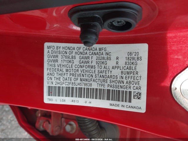 2020 Honda Civic Sport მანქანა იყიდება აუქციონზე, vin: 2HGFC2F85LH578638, აუქციონის ნომერი: 46134656