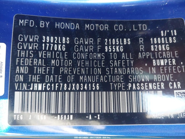 Продажа на аукционе авто 2018 Honda Civic Ex-l, vin: JHMFC1F78JX034156, номер лота: 46134664