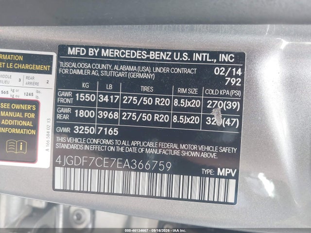 46134667 :رقم المزاد ، 4JGDF7CE7EA366759 vin ، 2014 Mercedes-benz Gl 450 4matic مزاد بيع