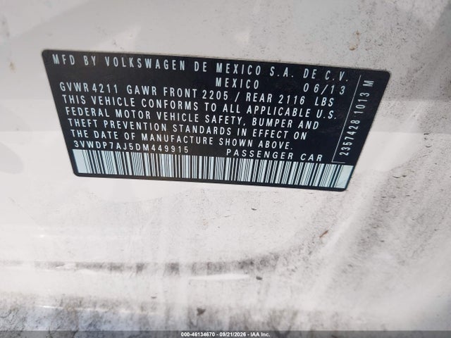 Aukcja sprzedaży 2013 Volkswagen Jetta 2.5l Se, vin: 3VWDP7AJ5DM449915, numer aukcji: 46134670