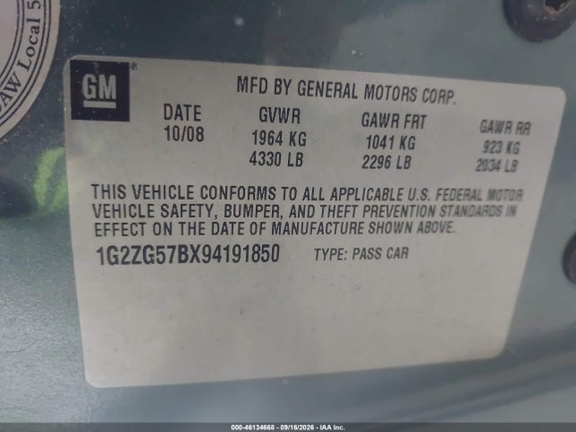 Aukcja sprzedaży 2009 Pontiac G6, vin: 1G2ZG57BX94191850, numer aukcji: 46134668