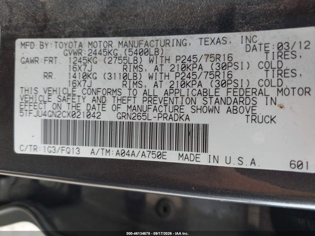 Продажа на аукционе авто 2012 Toyota Tacoma Prerunner V6, vin: 5TFJU4GN2CX021042, номер лота: 46134678