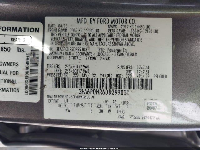 Aukcja sprzedaży 2013 Ford Fusion Se, vin: 3FA6P0HR6DR299031, numer aukcji: 46134684