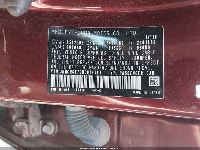2017 Honda Accord Hybrid Touring მანქანა იყიდება აუქციონზე, vin: JHMCR6F73HC004966, აუქციონის ნომერი: 46134686