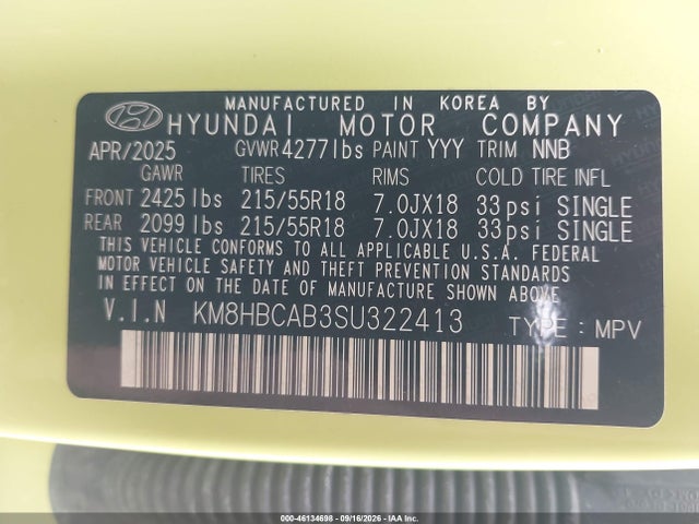 Aukcja sprzedaży 2025 Hyundai Kona Sel, vin: KM8HBCAB3SU322413, numer aukcji: 46134698