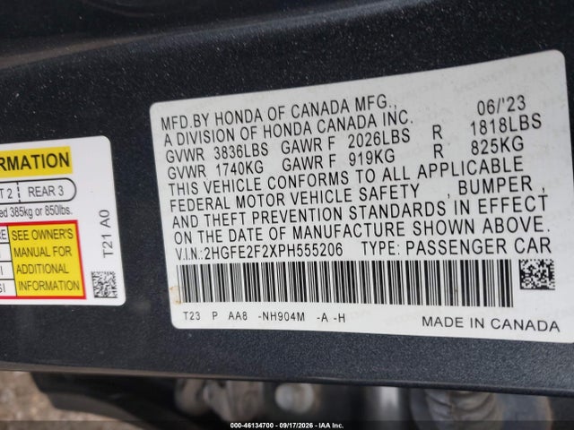 46134700 :رقم المزاد ، 2HGFE2F2XPH555206 vin ، 2023 Honda Civic Lx مزاد بيع