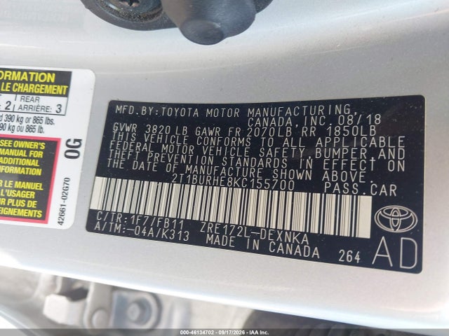 Aukcja sprzedaży 2019 Toyota Corolla Le, vin: 2T1BURHE8KC155700, numer aukcji: 46134702