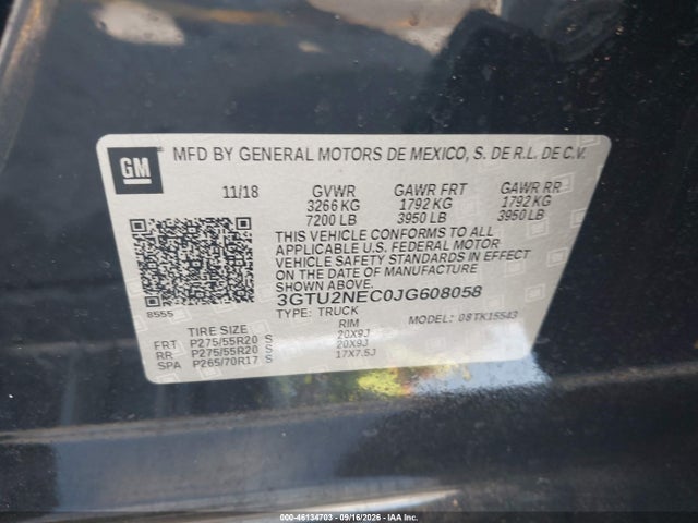 Aukcja sprzedaży 2018 Gmc Sierra 1500 Slt, vin: 3GTU2NEC0JG608058, numer aukcji: 46134703
