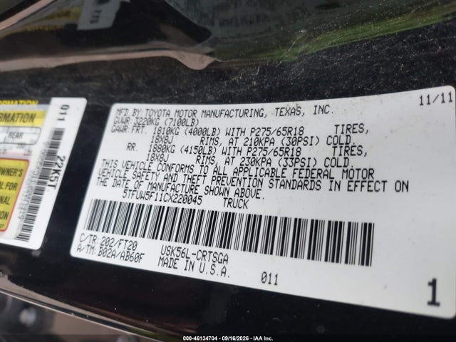 Продаж на аукціоні авто 2012 Toyota Tundra Grade 5.7l V8, vin: 5TFUW5F11CX220045, номер лоту: 46134704