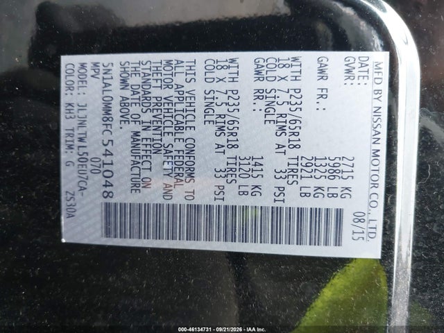 46134731 :رقم المزاد ، 5N1AL0MM8FC541048 vin ، 2015 Infiniti Qx60 مزاد بيع