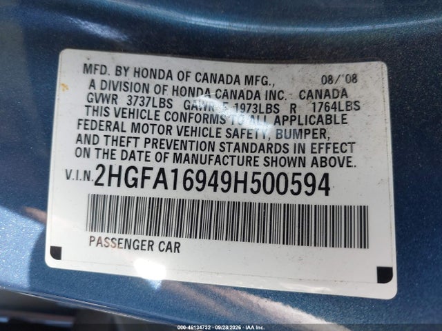 Aukcja sprzedaży 2009 Honda Civic Ex-l, vin: 2HGFA16949H500594, numer aukcji: 46134732