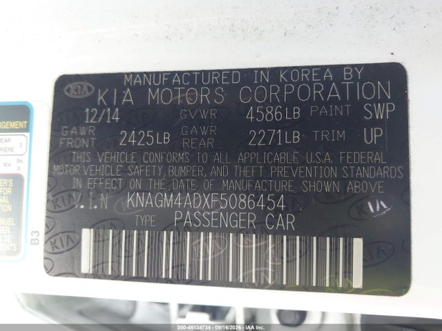 46134734 :رقم المزاد ، KNAGM4ADXF5086454 vin ، 2015 Kia Optima Hybrid مزاد بيع