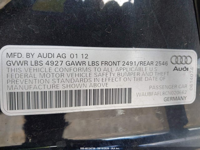 2012 Audi A4 2.0t Premium მანქანა იყიდება აუქციონზე, vin: WAUBFAFL8CN020662, აუქციონის ნომერი: 46134738