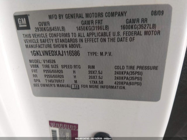 Aukcja sprzedaży 2010 Gmc Acadia Slt-2, vin: 1GKLVNEDXAJ116586, numer aukcji: 46134743