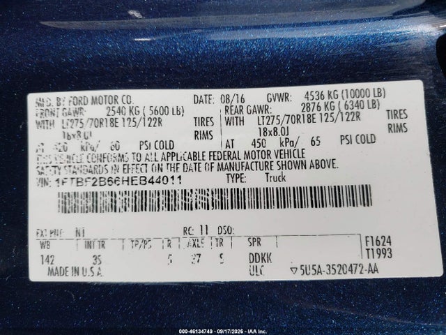 46134749 :رقم المزاد ، 1FTBF2B66HEB44011 vin ، 2017 Ford F-250 Xlt مزاد بيع
