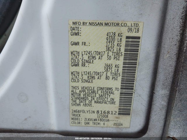 46134759 :رقم المزاد ، 1N6BF0LY5JN816812 vin ، 2018 Nissan Nv Cargo Nv2500 Hd S V6 مزاد بيع