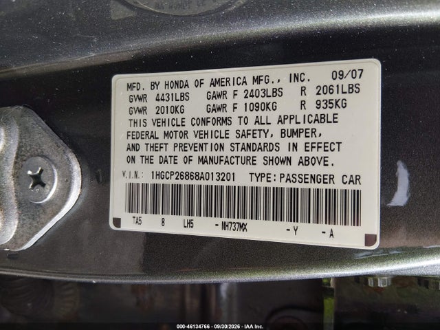 46134766 :رقم المزاد ، 1HGCP26868A013201 vin ، 2008 Honda Accord 2.4 Ex-l مزاد بيع
