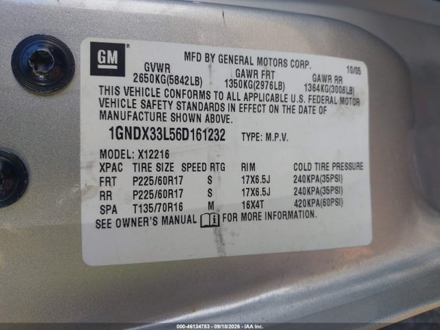 2006 Chevrolet Uplander Lt მანქანა იყიდება აუქციონზე, vin: 1GNDX33L56D161232, აუქციონის ნომერი: 46134783