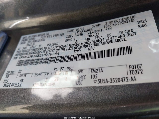 Продажа на аукционе авто 2014 Ford Escape Titanium, vin: 1FMCU9JX8EUD18364, номер лота: 46134789