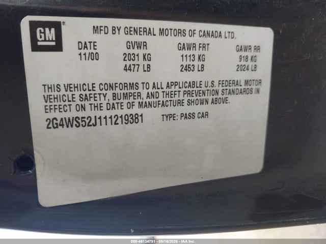 46134791 :رقم المزاد ، 2G4WS52J111219381 vin ، 2001 Buick Century Custom مزاد بيع