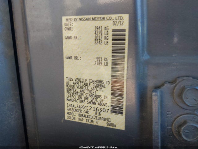 Продаж на аукціоні авто 2012 Nissan Altima 2.5 S, vin: 1N4AL2AP0CC216507, номер лоту: 46134793