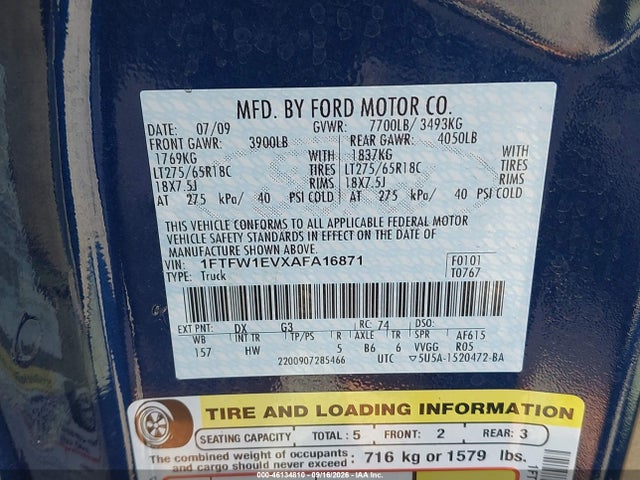 2010 Ford F-150 Fx4/harley-davidson/king Ranch/lariat/platinum/xl/xlt მანქანა იყიდება აუქციონზე, vin: 1FTFW1EVXAFA16871, აუქციონის ნომერი: 46134810